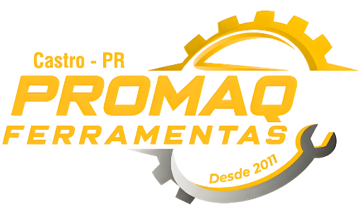 Logo da Promaq Ferramentas com engrenagem e chave inglesa estilizadas em amarelo e cinza, representando loja especializada em ferramentas.